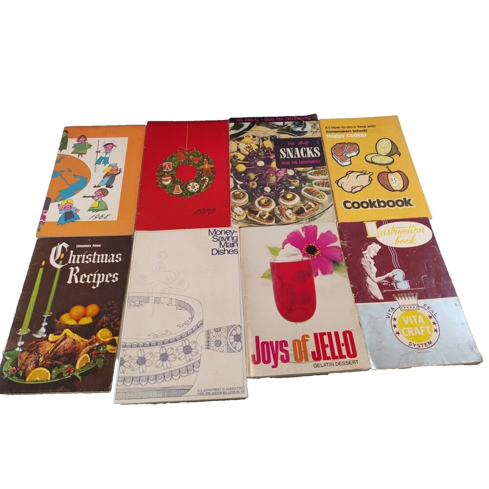 Lot of 8 Vintage Cookbooks & Recipe Booklets 1950s-1970s Retro MCM Cooking